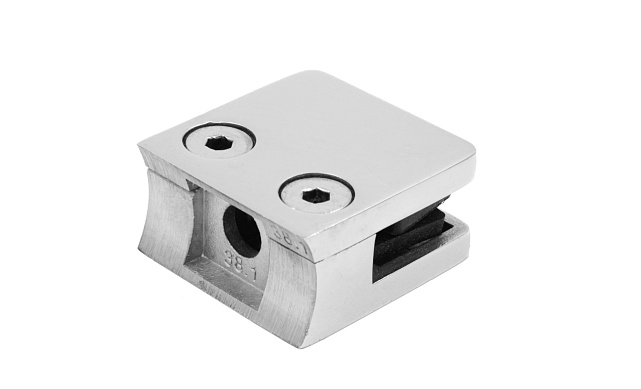 Стеклодержатель литой квадратный с вставками под стекло 8-10 мм (4+4 мм), на стойку Ø38.1 мм, 41х22х42, полированный, (AISI 304) k004-10 Стеклодержатель литой квадратный с вставками под стекло 8-10 мм (4+4 мм), на стойку Ø38.1 мм, 41х22х42, полированный, (AISI 304) k004-10