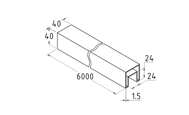 Труба 40х40 мм с пазом 24 х 24 под стекло, шлифованная, AISI201, k856-4 2 Труба 40х40 мм с пазом 24 х 24 под стекло, шлифованная, AISI201, k856-4 2