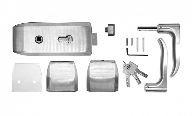 Замок для стеклянной двери с нажимной ручкой без притвора, евроцилиндр односторонний ключ/защелка, в комплекте ответная часть на стекло t155 SSS  2 Замок для стеклянной двери с нажимной ручкой без притвора, евроцилиндр односторонний ключ/защелка, в комплекте ответная часть на стекло t155 SSS  2