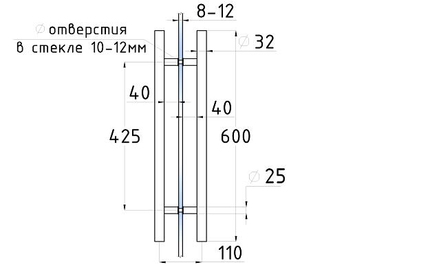 Ручка для стеклянной двери рейлинг двухсторонняя для стекла 8-12 мм, 32х425х600 мм, шлифованная t633-600 SSS 3