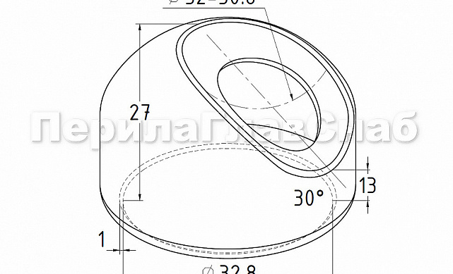 Наконечник штампованный (СПС) косой 30° на трубу Ø32 мм, для поручня Ø38.1-50.8 мм, полированный, нержавеющий, AISI 304, k550 3 Наконечник штампованный (СПС) косой 30° на трубу Ø32 мм, для поручня Ø38.1-50.8 мм, полированный, нержавеющий, AISI 304, k550 3