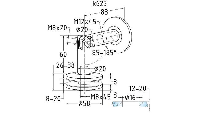 Крепление стекла к стене, шлифованное, AISI 304 k623 3