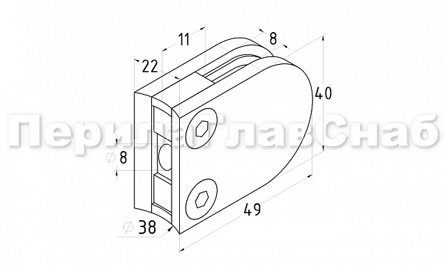 Стеклодержатель литой под стекло 8 мм (4+4 мм), под стойку Ø38.1 мм, (40х22х49), полированный AISI 316 k001-5 2 Стеклодержатель литой под стекло 8 мм (4+4 мм), под стойку Ø38.1 мм, (40х22х49), полированный AISI 316 k001-5 2