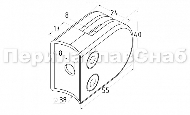 Стеклодержатель штампованный под стекло 8 мм (4+4 мм), под стойку Ø38.1 мм 40х24х55, полированный (AISI 304) k038 2 Стеклодержатель штампованный под стекло 8 мм (4+4 мм), под стойку Ø38.1 мм 40х24х55, полированный (AISI 304) k038 2