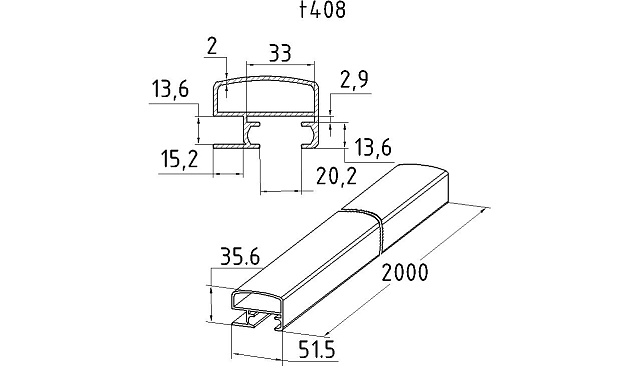 Трек для раздвижной системы на G-профиле, длина 2000мм t408 3 Трек для раздвижной системы на G-профиле, длина 2000мм t408 3