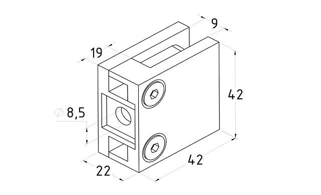 Стеклодержатель литой, под стекло 8 мм. 4+4 мм. на плоскость 42х22,5х42  полированный (AISI 304) k003 3 Стеклодержатель литой, под стекло 8 мм. 4+4 мм. на плоскость 42х22,5х42  полированный (AISI 304) k003 3