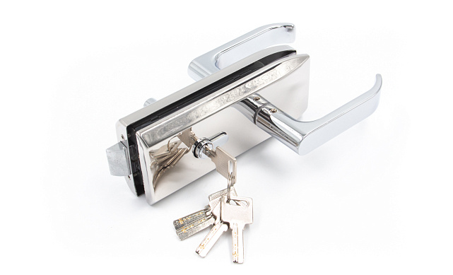 Замок для стеклянной двери с нажимной ручкой, евроцилиндр односторонний ключ/защелка, с ответной частью на стекло, полированный t155 PSS 4 Замок для стеклянной двери с нажимной ручкой, евроцилиндр односторонний ключ/защелка, с ответной частью на стекло, полированный t155 PSS 4