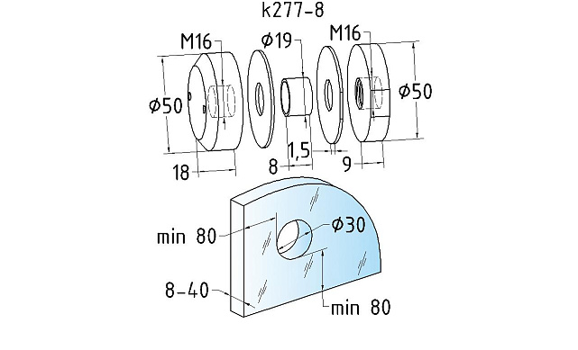 Комплект торцевого крепления несущего стекла, гайка-шайба Ø50х10х18 мм с внутренней резьбой М16, шлифованный AISI 304 k277-8 3 Комплект торцевого крепления несущего стекла, гайка-шайба Ø50х10х18 мм с внутренней резьбой М16, шлифованный AISI 304 k277-8 3