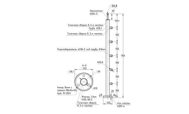 Стойка круглая Ø38.1: 5 ригеледержателей, полированная, высота 950 мм (AISI 304) k715 2