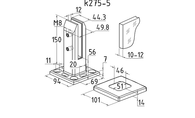 Стеклодержатель напольный 45х50х160 мм, для стекла 10-12 мм, литой, плоский, без сверления, нержавеющая сталь AISI 304, полированная k275-5 2 Стеклодержатель напольный 45х50х160 мм, для стекла 10-12 мм, литой, плоский, без сверления, нержавеющая сталь AISI 304, полированная k275-5 2