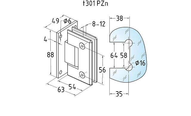 Петля для душевой кабины стена-стекло 90° 90х55 мм цинк, полированная t301 PZn 2 Петля для душевой кабины стена-стекло 90° 90х55 мм цинк, полированная t301 PZn 2