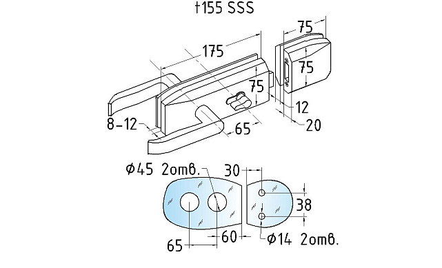Замок для стеклянной двери с нажимной ручкой без притвора, евроцилиндр односторонний ключ/защелка, в комплекте ответная часть на стекло t155 SSS  3 Замок для стеклянной двери с нажимной ручкой без притвора, евроцилиндр односторонний ключ/защелка, в комплекте ответная часть на стекло t155 SSS  3