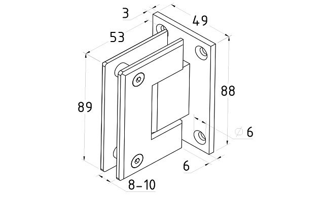 Петля для душевой кабины стена-стекло 90° 90х55 мм AISI 304 полированная t301 PSS 4