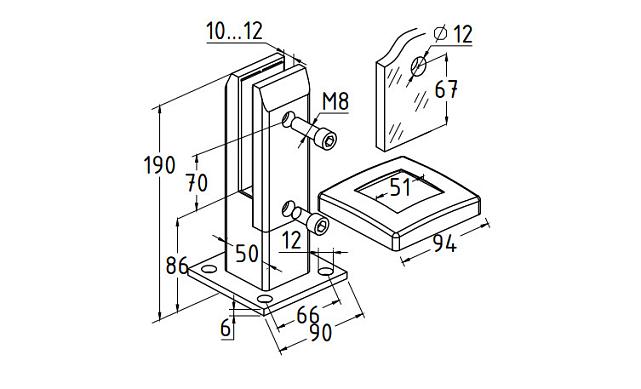 Стеклодержатель литой напольный, плоский 50х50х190 мм, шлифованный (AISI 304) Фk275-2 2