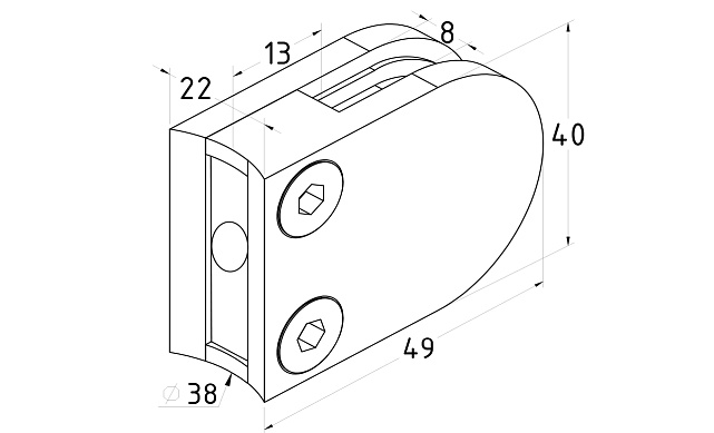 Стеклодержатель литой под стекло 8 мм (4+4 мм), под стойку Ø38.1 мм 40х22х49, полированный (AISI 304) k001-4 2 Стеклодержатель литой под стекло 8 мм (4+4 мм), под стойку Ø38.1 мм 40х22х49, полированный (AISI 304) k001-4 2